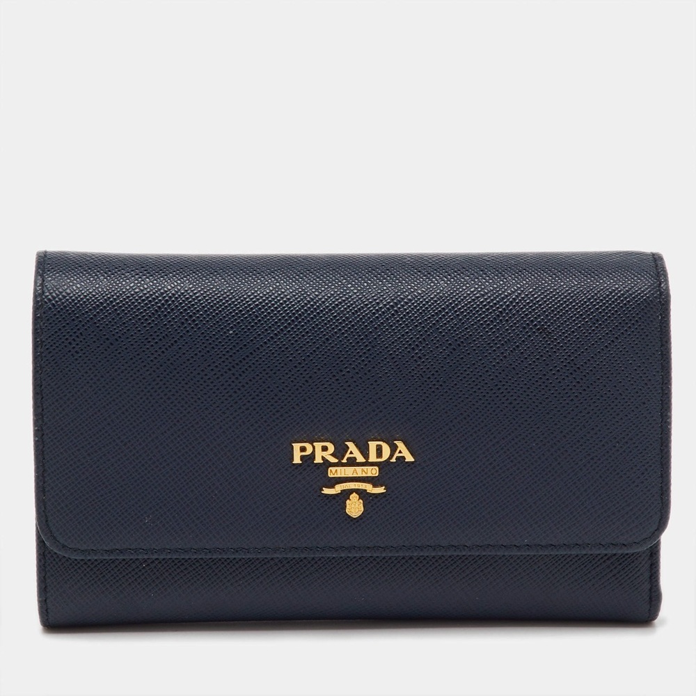Prada Navy Saffiano Leather Continental Wallet with Gold Logo